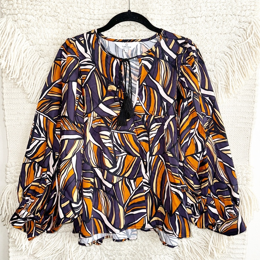 LAROQUE purple and orange leaf print Nell blouse top S